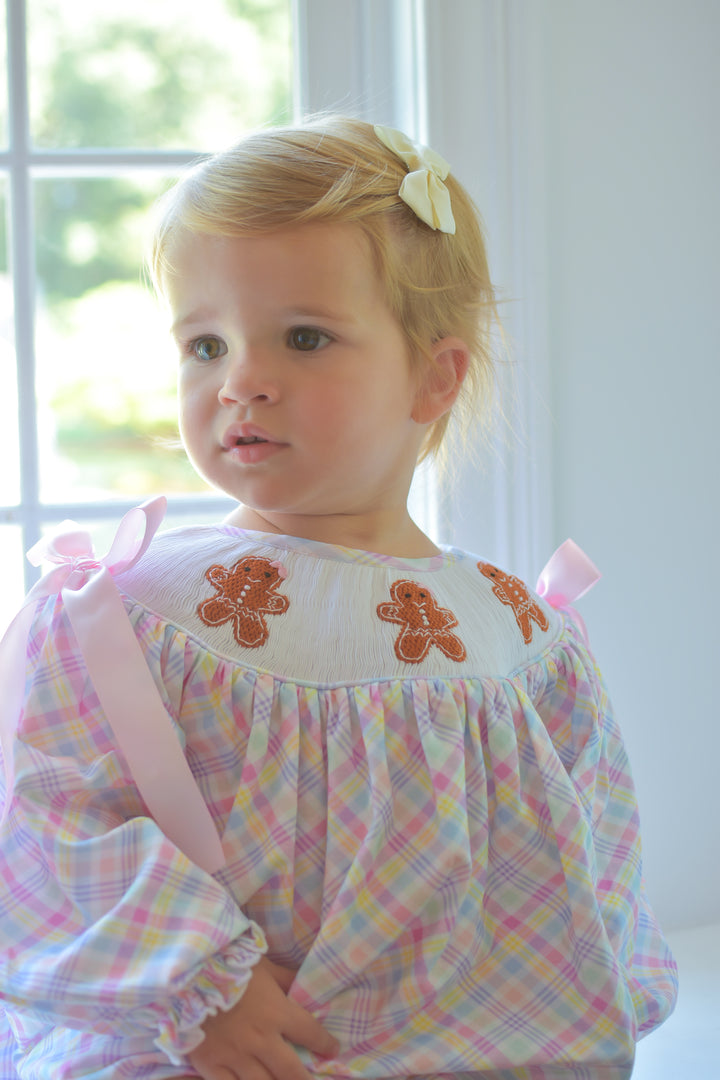 PRE-ORDER Girls Gingerbread Pink Gingham Smocked Bubble