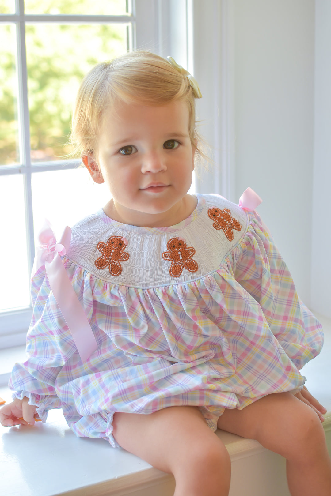 PRE-ORDER Girls Gingerbread Pink Gingham Smocked Bubble