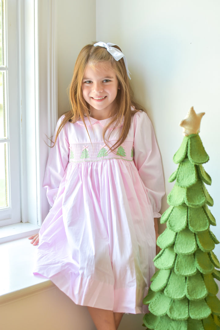 PRE-ORDER Girls Pink Christmas Tree Smocked  Dress