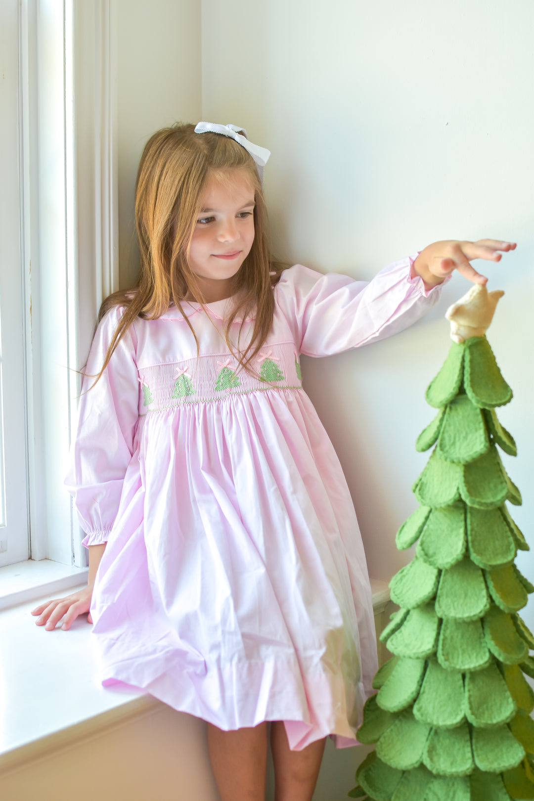 PRE-ORDER Girls Pink Christmas Tree Smocked  Dress