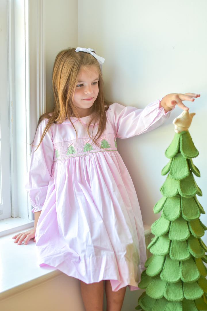 PRE-ORDER Girls Pink Christmas Tree Smocked  Dress