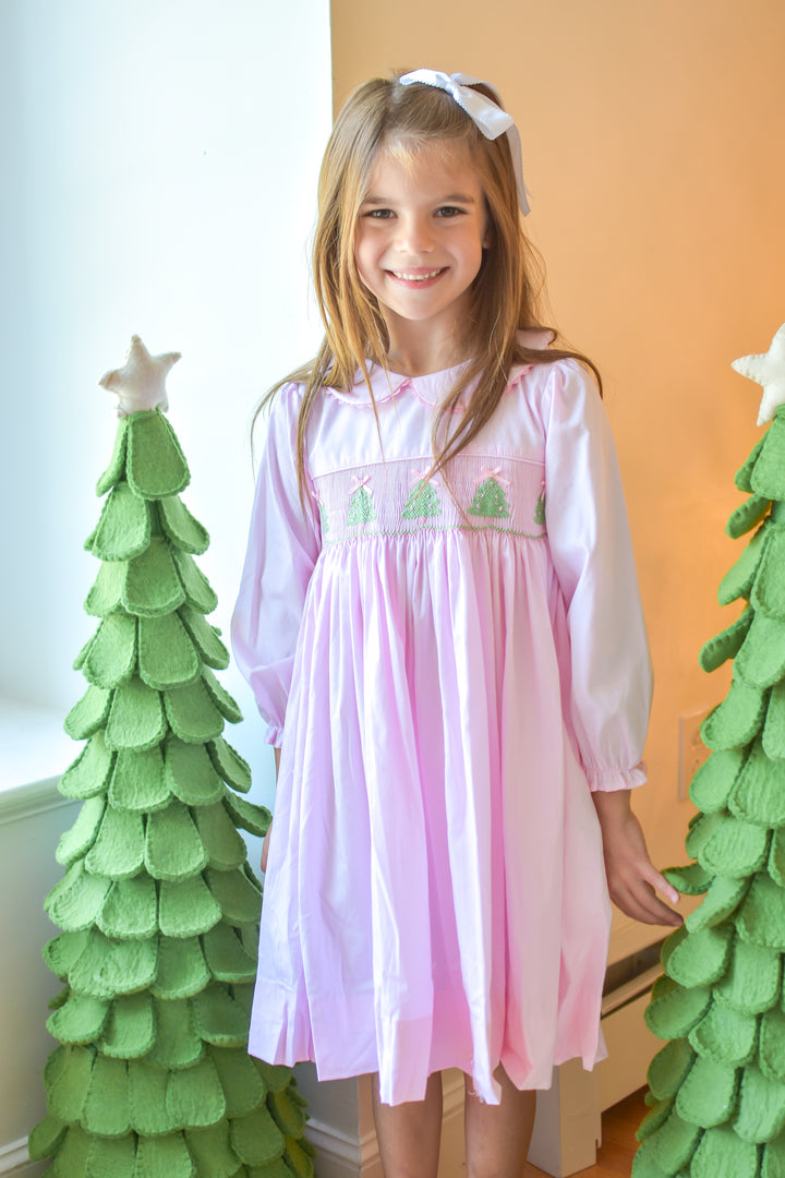 PRE-ORDER Girls Pink Christmas Tree Smocked  Dress
