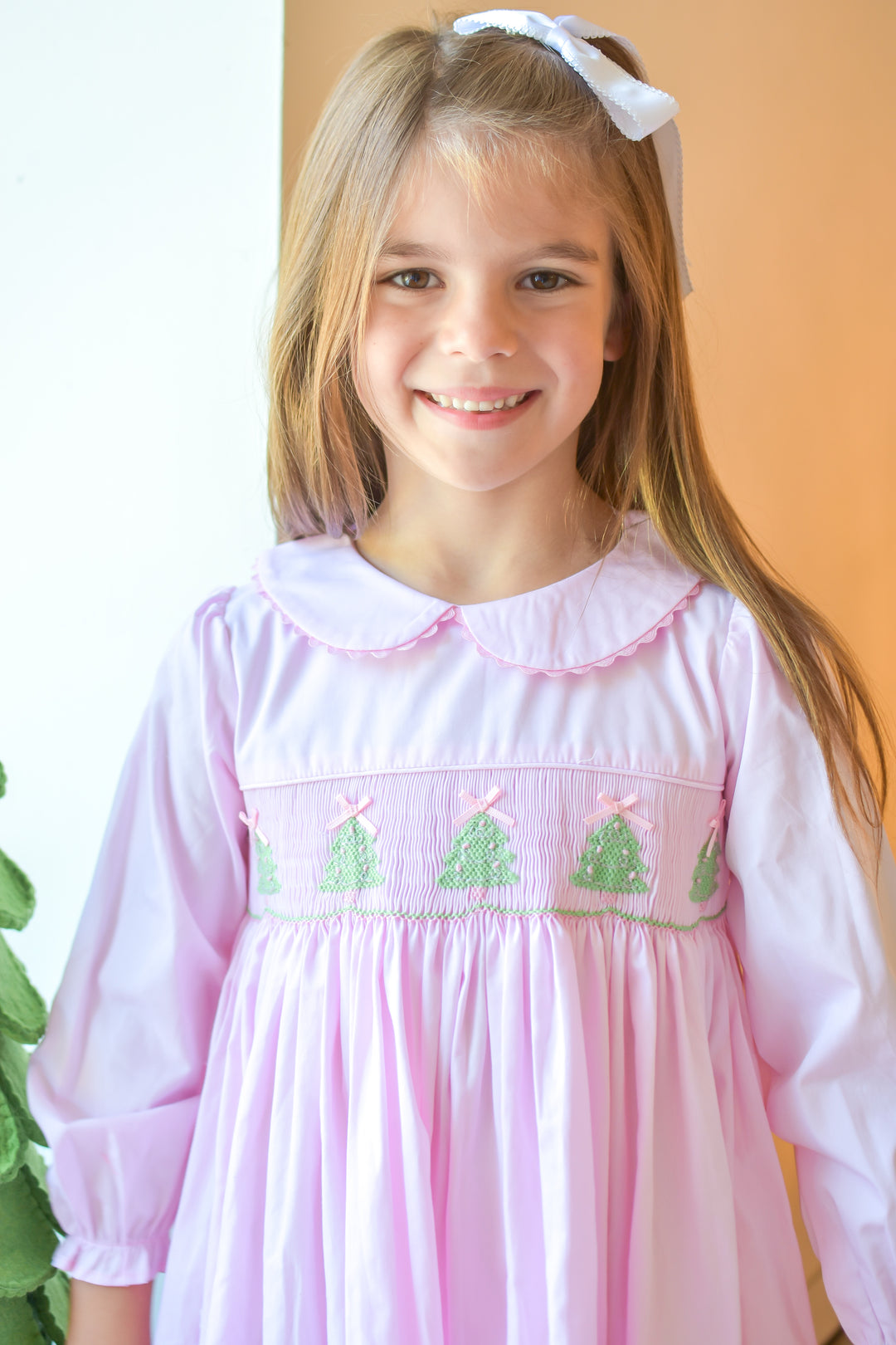 PRE-ORDER Girls Pink Christmas Tree Smocked  Dress