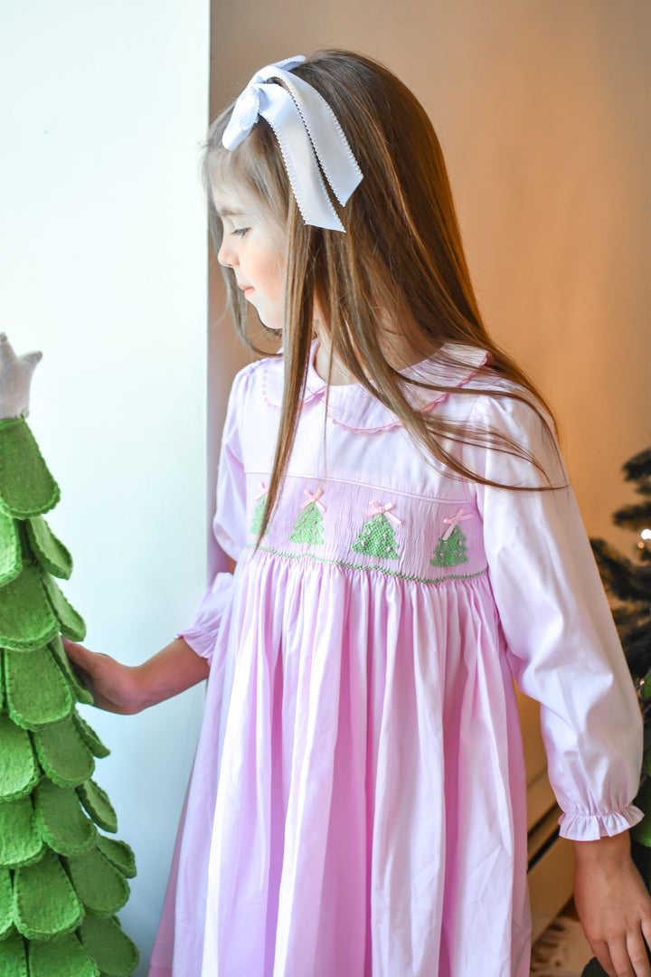 PRE-ORDER Girls Pink Christmas Tree Smocked  Dress