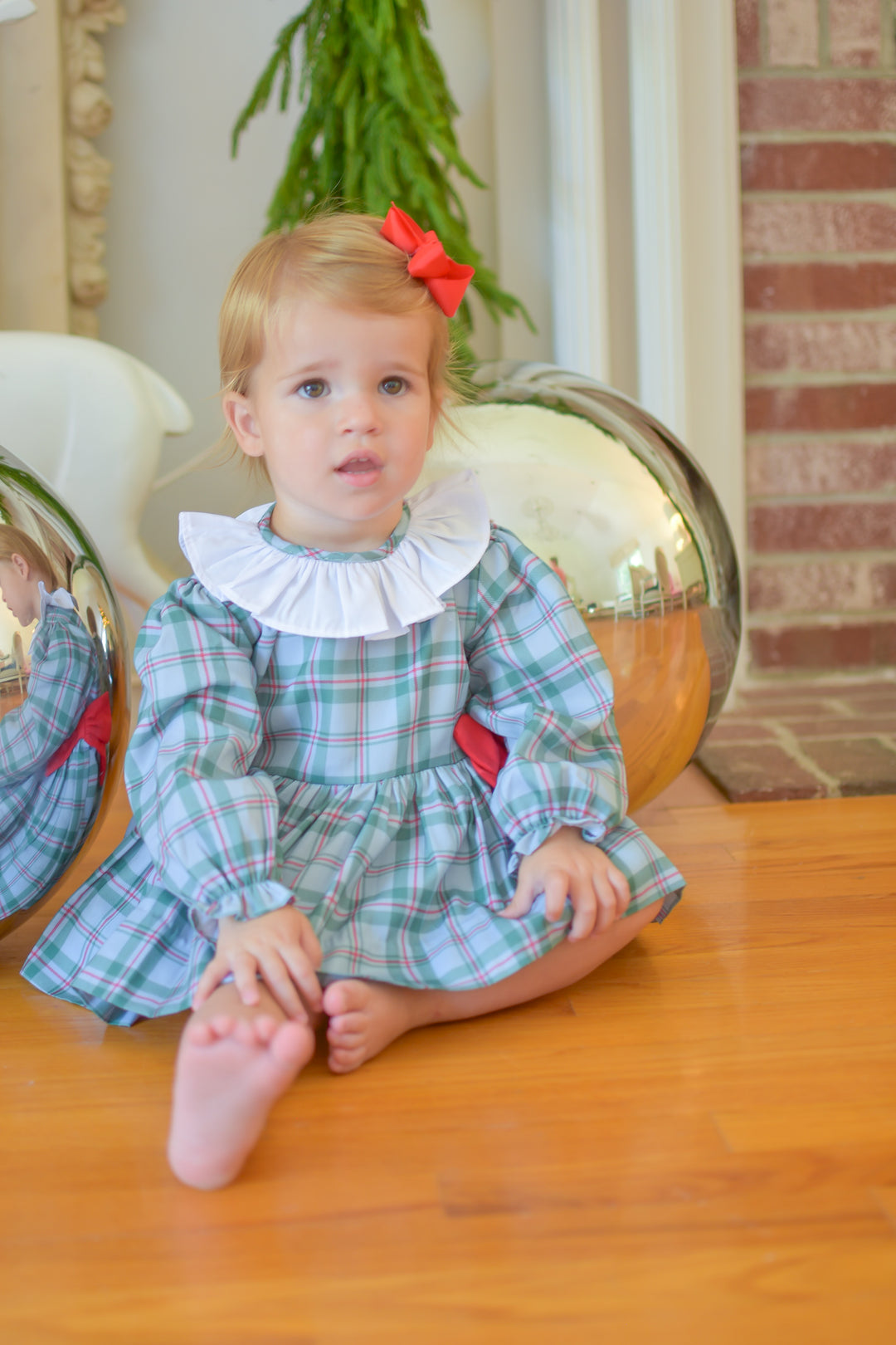 PRE-ORDER Girls Green Tartan Diaper Set with Red Bows