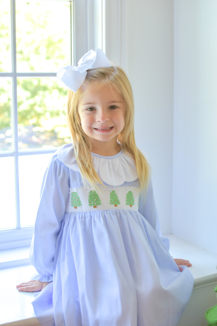 PRE-ORDER Girls Christmas Tree Light Blue Smocked Dress