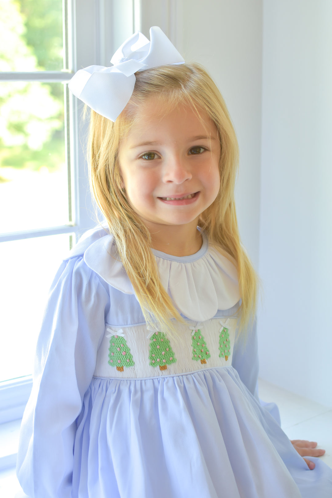 PRE-ORDER Girls Christmas Tree Light Blue Smocked Dress