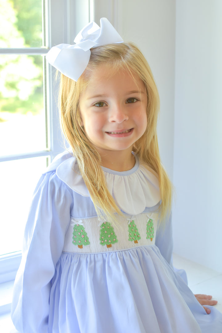 PRE-ORDER Girls Christmas Tree Light Blue Smocked Dress