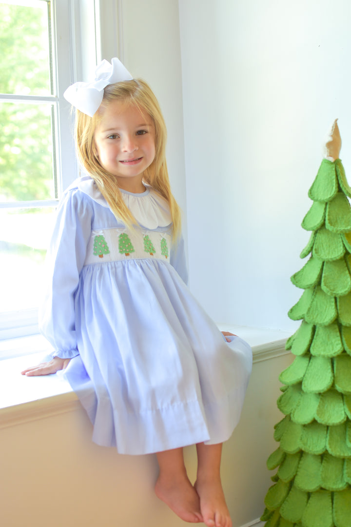 PRE-ORDER Girls Christmas Tree Light Blue Smocked Dress