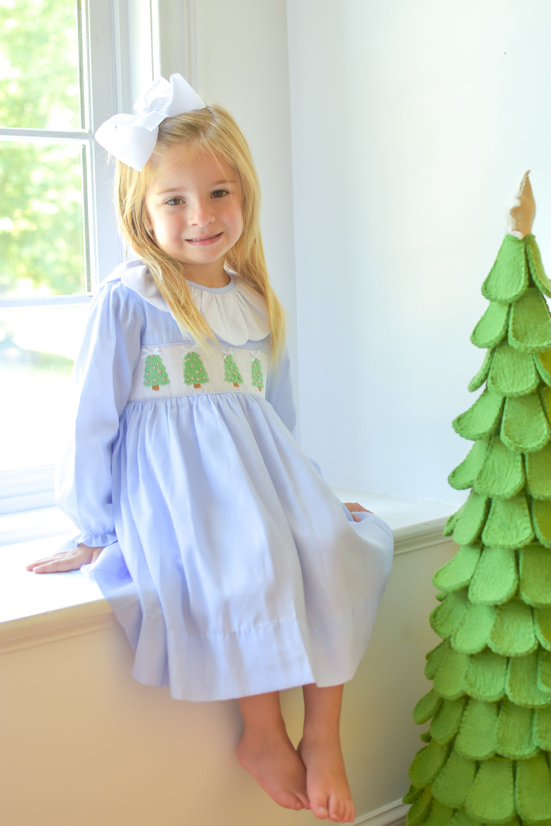PRE-ORDER Girls Christmas Tree Light Blue Smocked Dress