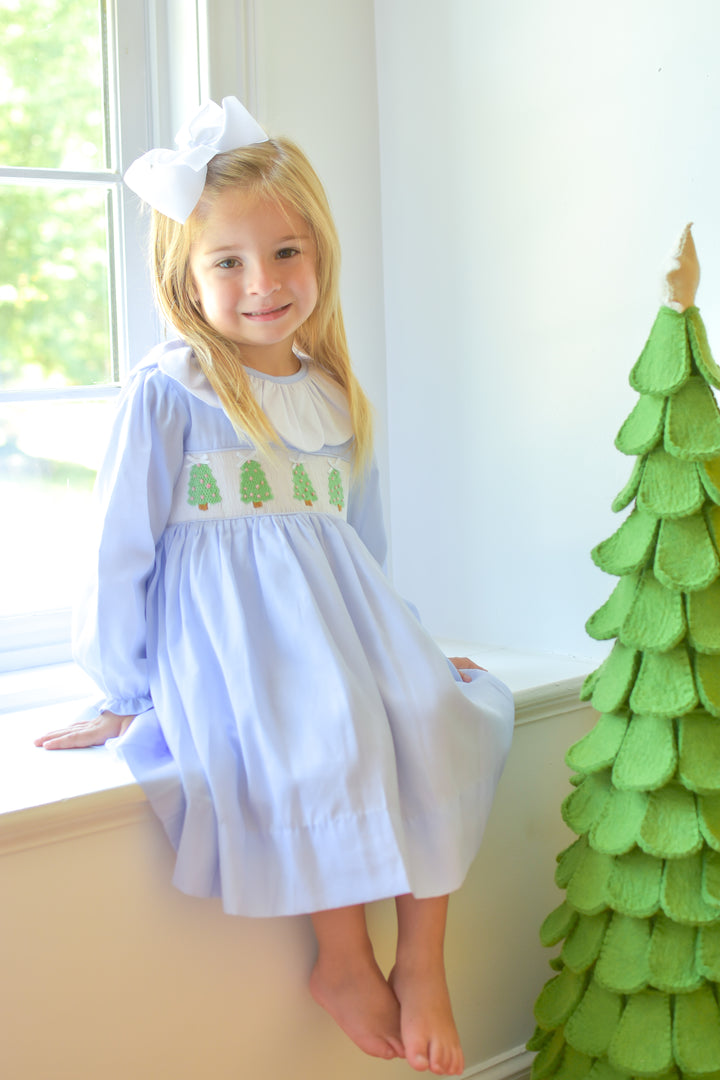PRE-ORDER Girls Christmas Tree Light Blue Smocked Dress