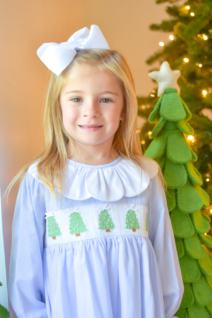 PRE-ORDER Girls Christmas Tree Light Blue Smocked Dress
