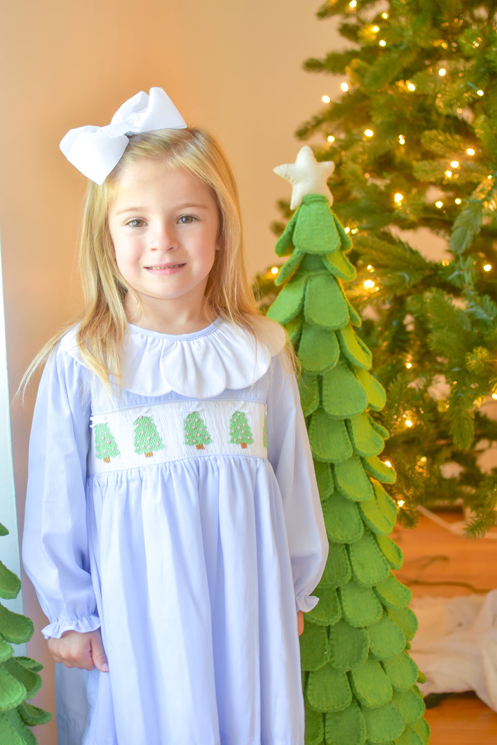 PRE-ORDER Girls Christmas Tree Light Blue Smocked Dress