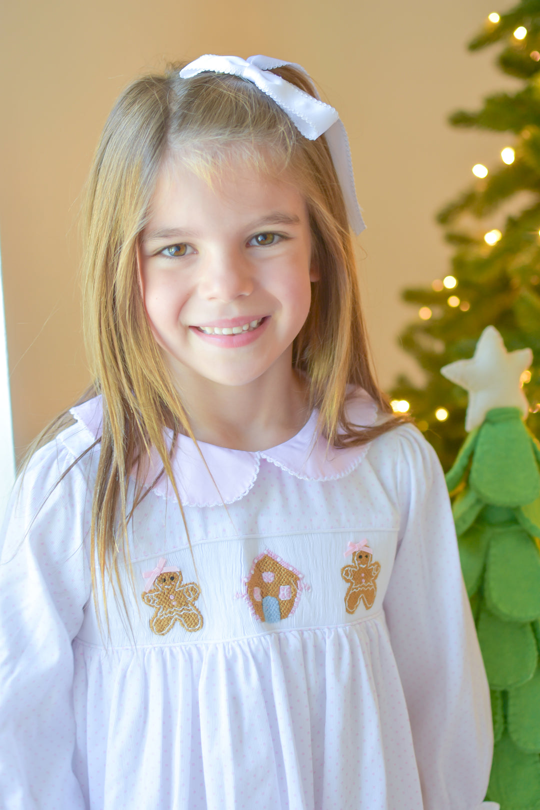 PRE-ORDER Girls Pink Polka Dot Smocked Gingerbread Dress