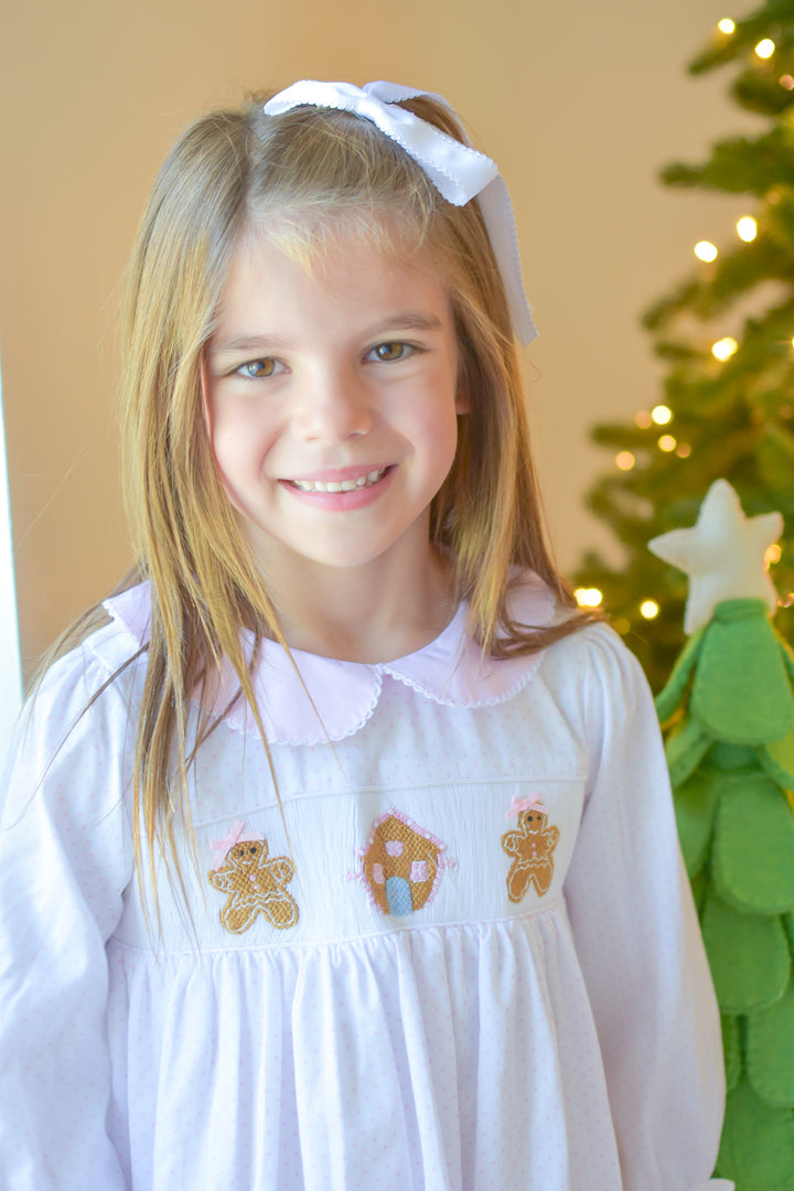 PRE-ORDER Girls Pink Polka Dot Smocked Gingerbread Dress