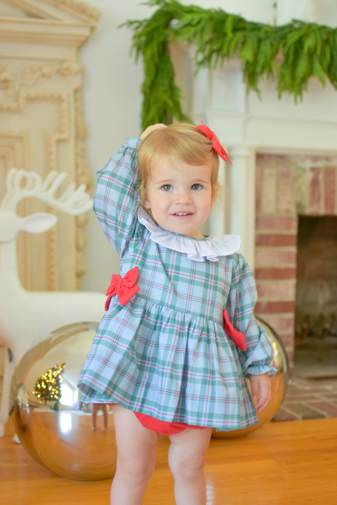 PRE-ORDER Girls Green Tartan Diaper Set with Red Bows