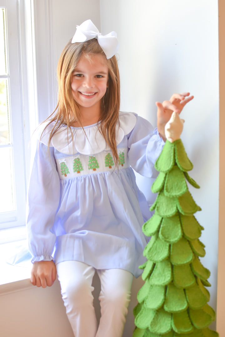 PRE-ORDER Girls Christmas Tree Light Blue Smocked Legging Set