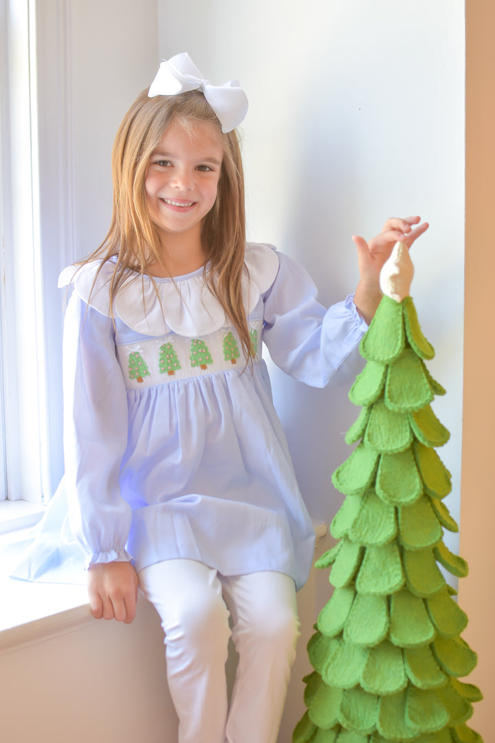 PRE-ORDER Girls Christmas Tree Light Blue Smocked Legging Set