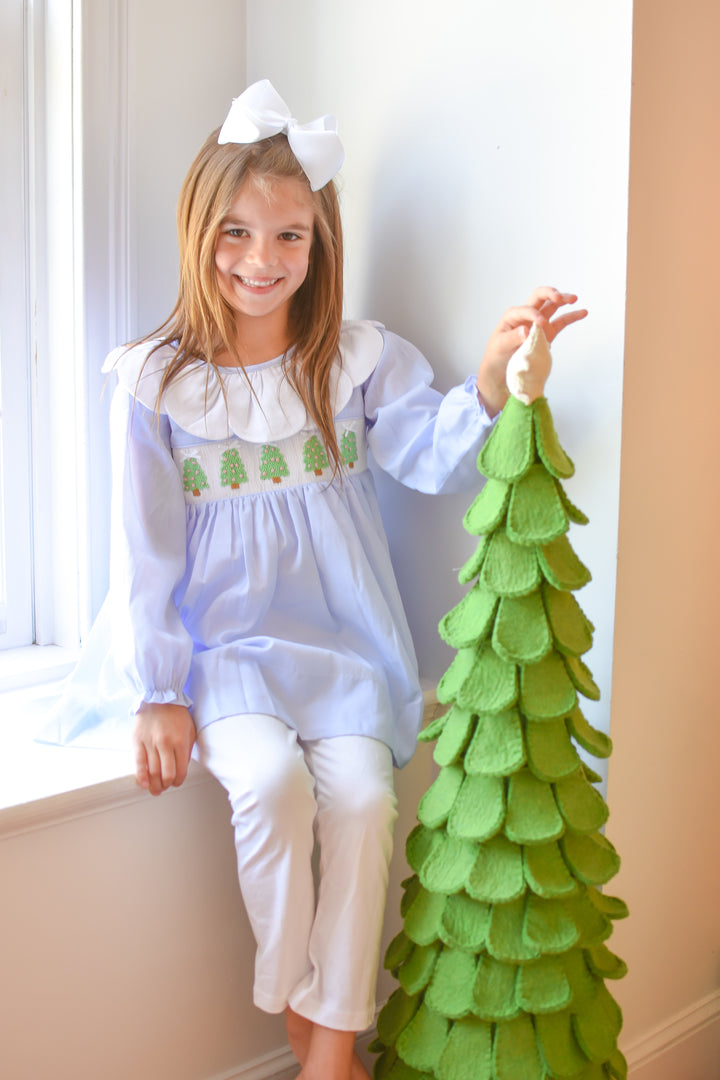 PRE-ORDER Girls Christmas Tree Light Blue Smocked Legging Set