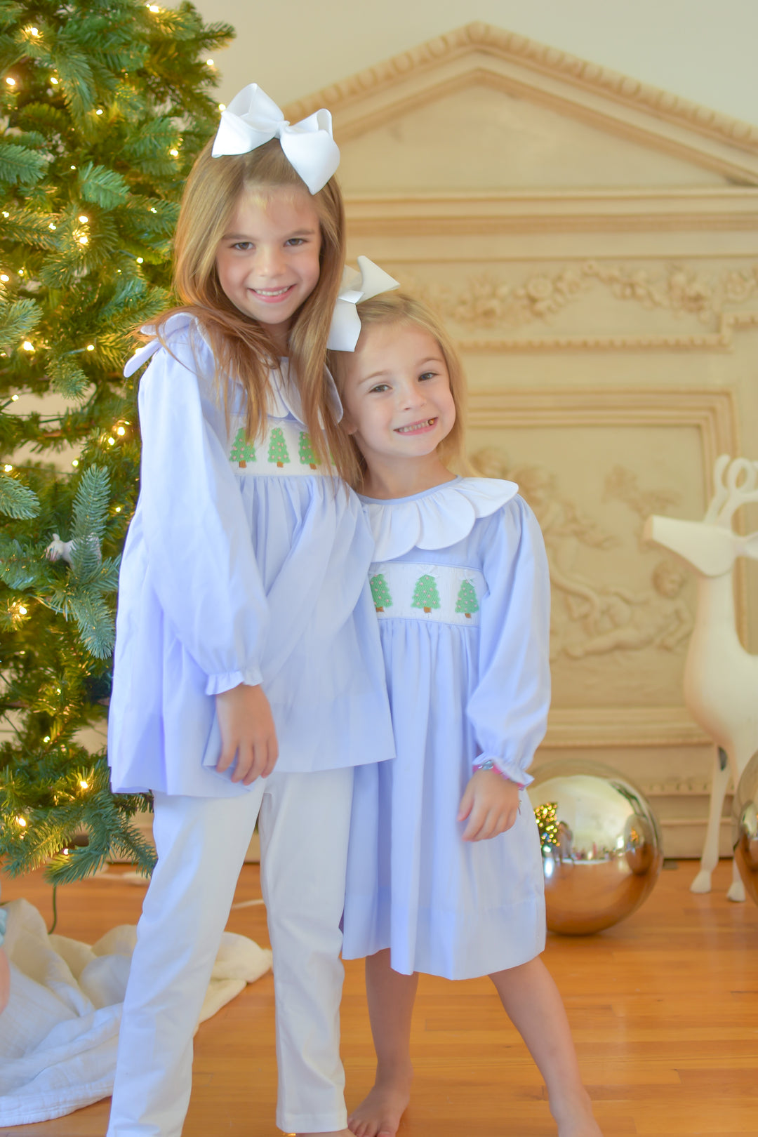 PRE-ORDER Girls Christmas Tree Light Blue Smocked Legging Set