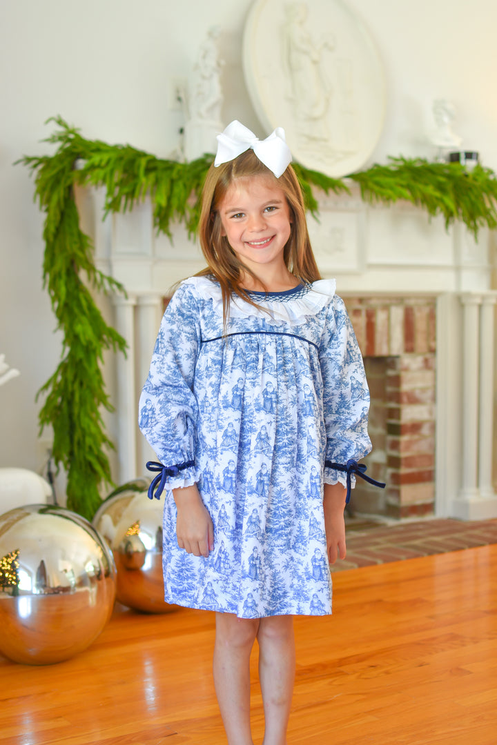 PRE-ORDER Girls Christmas Toile Smocked Dress