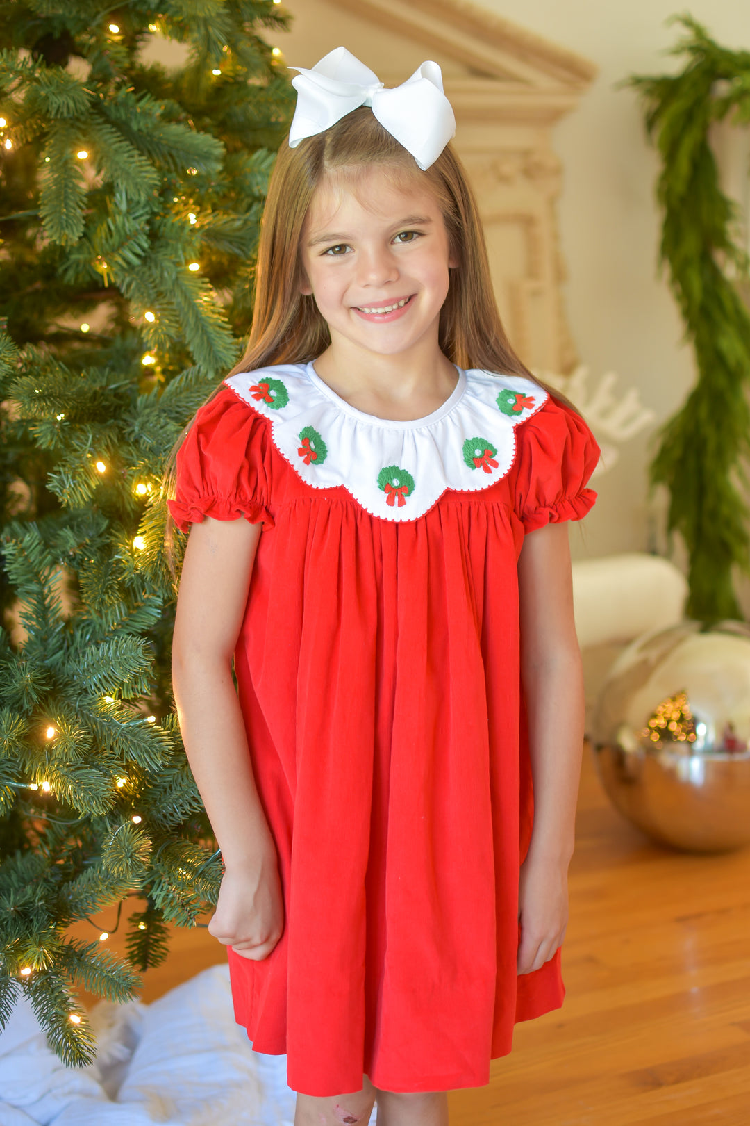 PRE-ORDER Girls Red Christmas Wreath Dress with Scallop Collar
