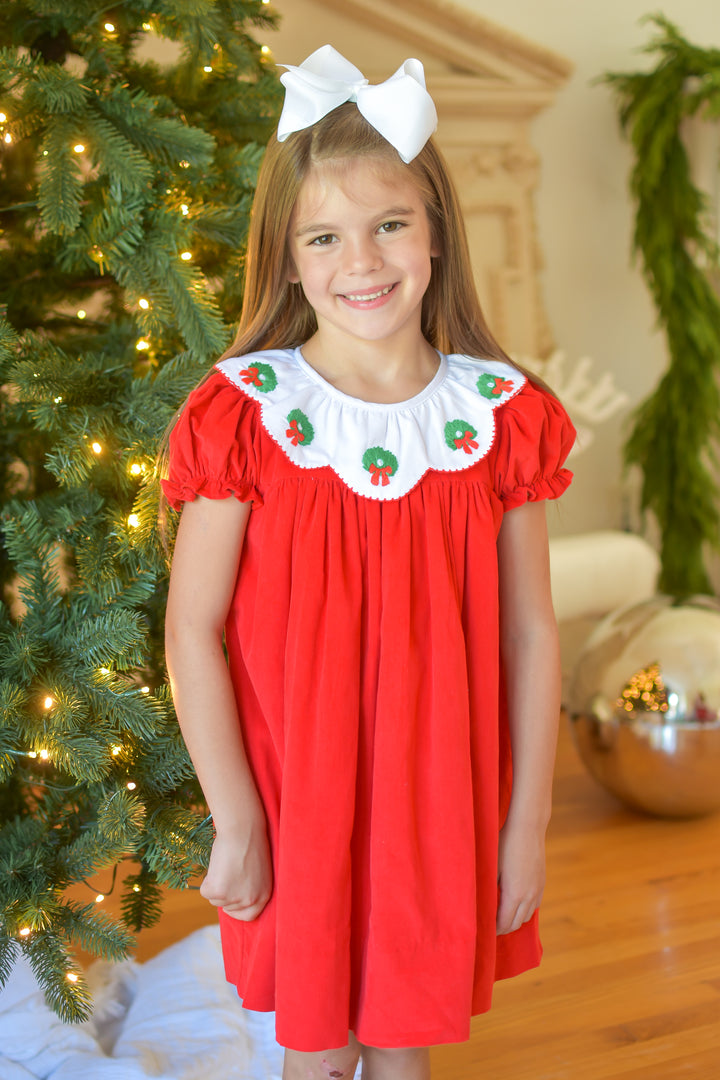 PRE-ORDER Girls Red Christmas Wreath Dress with Scallop Collar