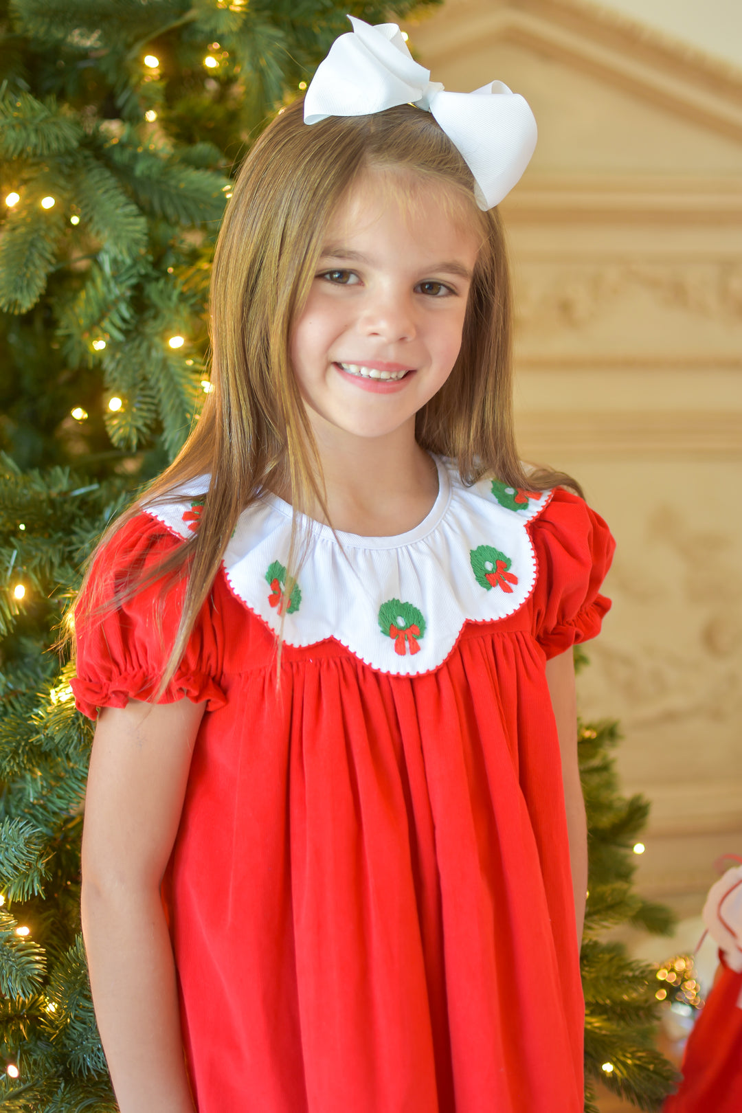 PRE-ORDER Girls Red Christmas Wreath Dress with Scallop Collar