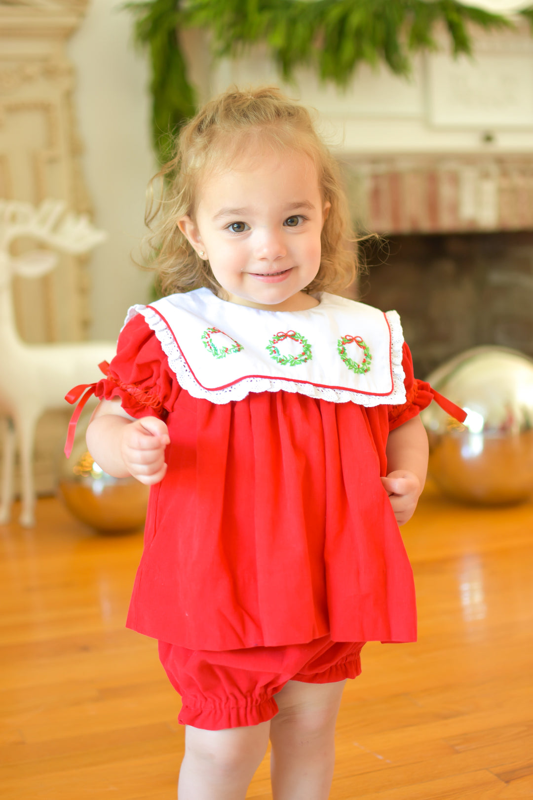 PRE-ORDER Girls Heirloom Red Corduroy Smocked Wreath Diaper Set