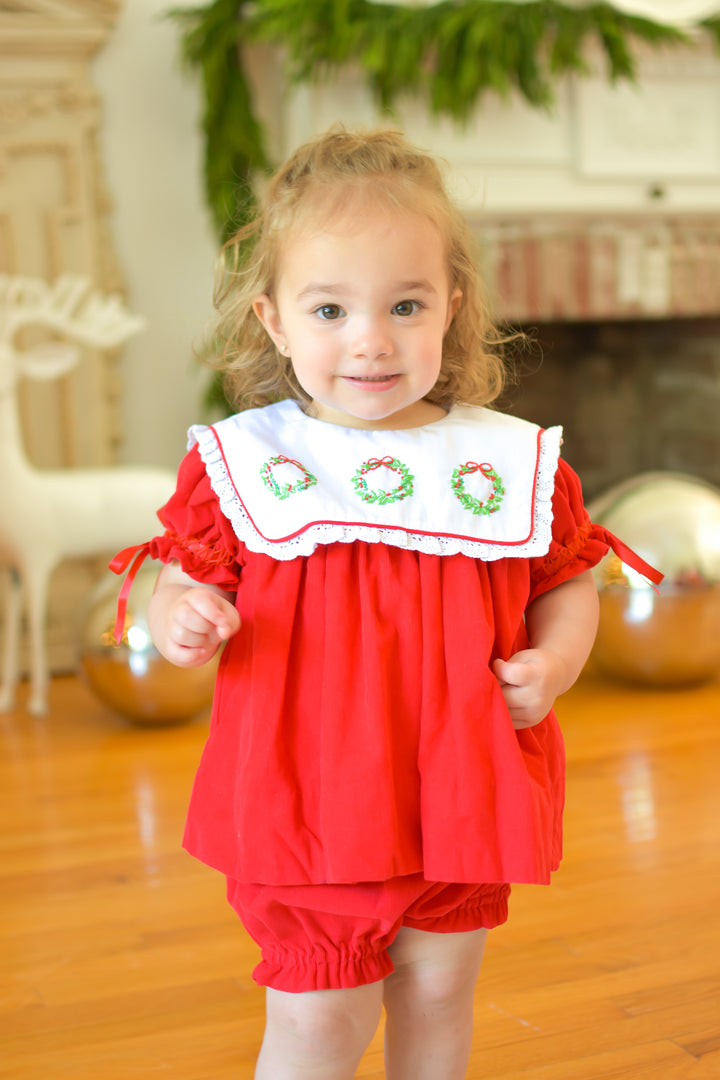 PRE-ORDER Girls Heirloom Red Corduroy Smocked Wreath Diaper Set