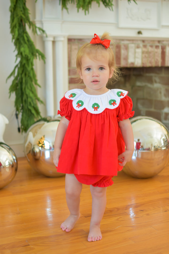 PRE-ORDER Girls Red Christmas Wreath Diaper Set with Scallop Collar
