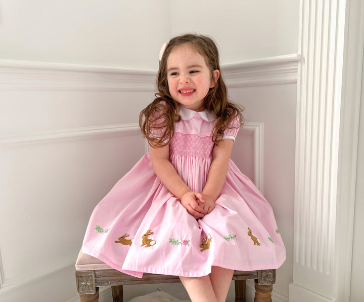 Evelyn Easter Bunny Pink Smocked Dress