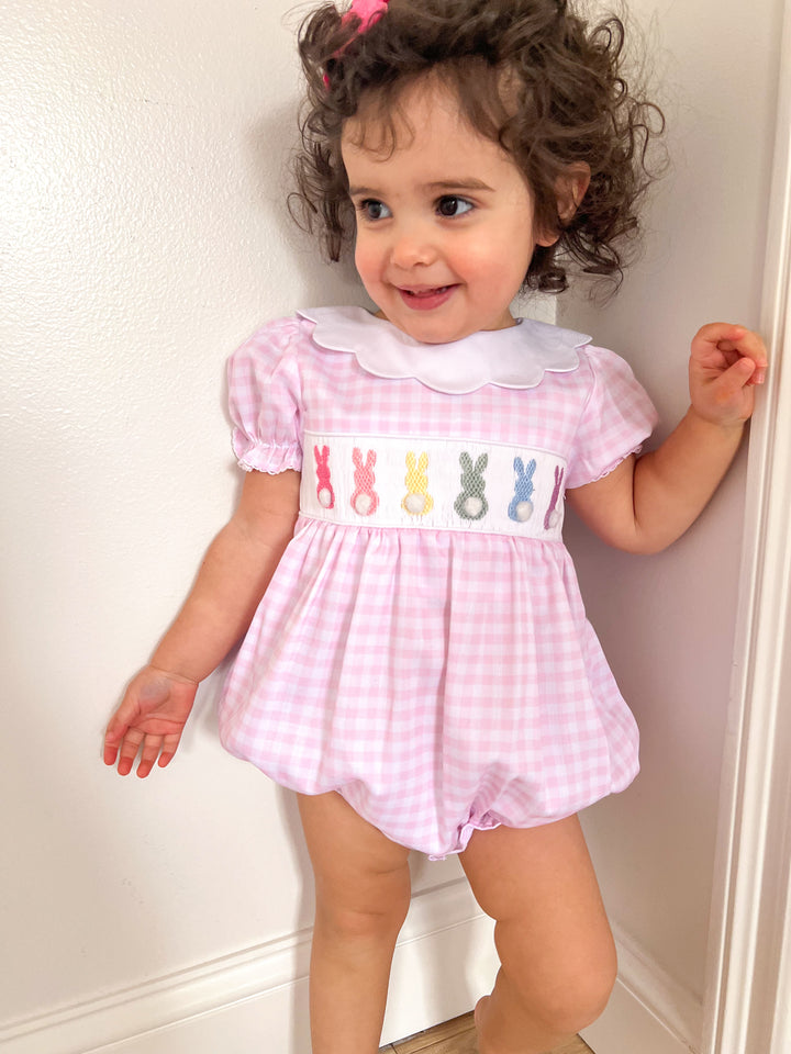 Emilie Easter Bunny Pink Gingham Smocked Bubble