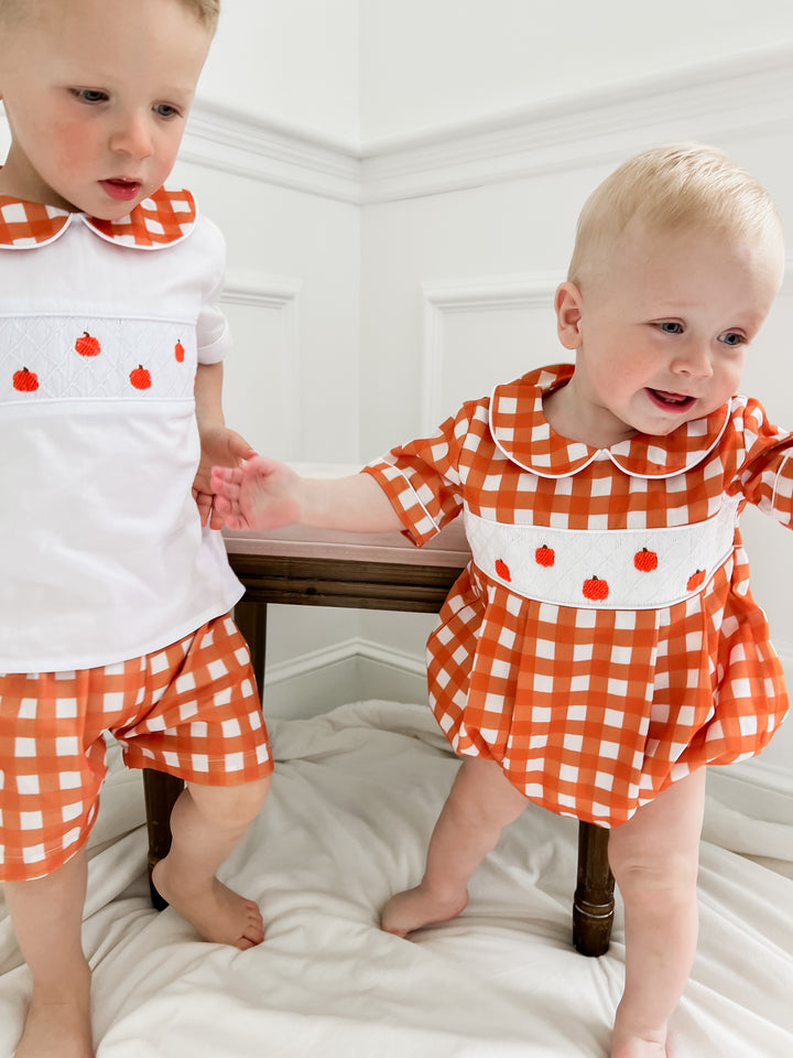 Boy Pumpkin Smocked Short Set