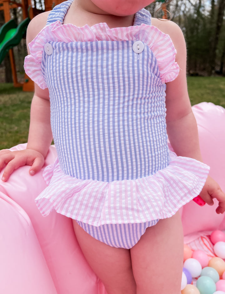 Sunny Blue & Pink Seersucker Swimsuit