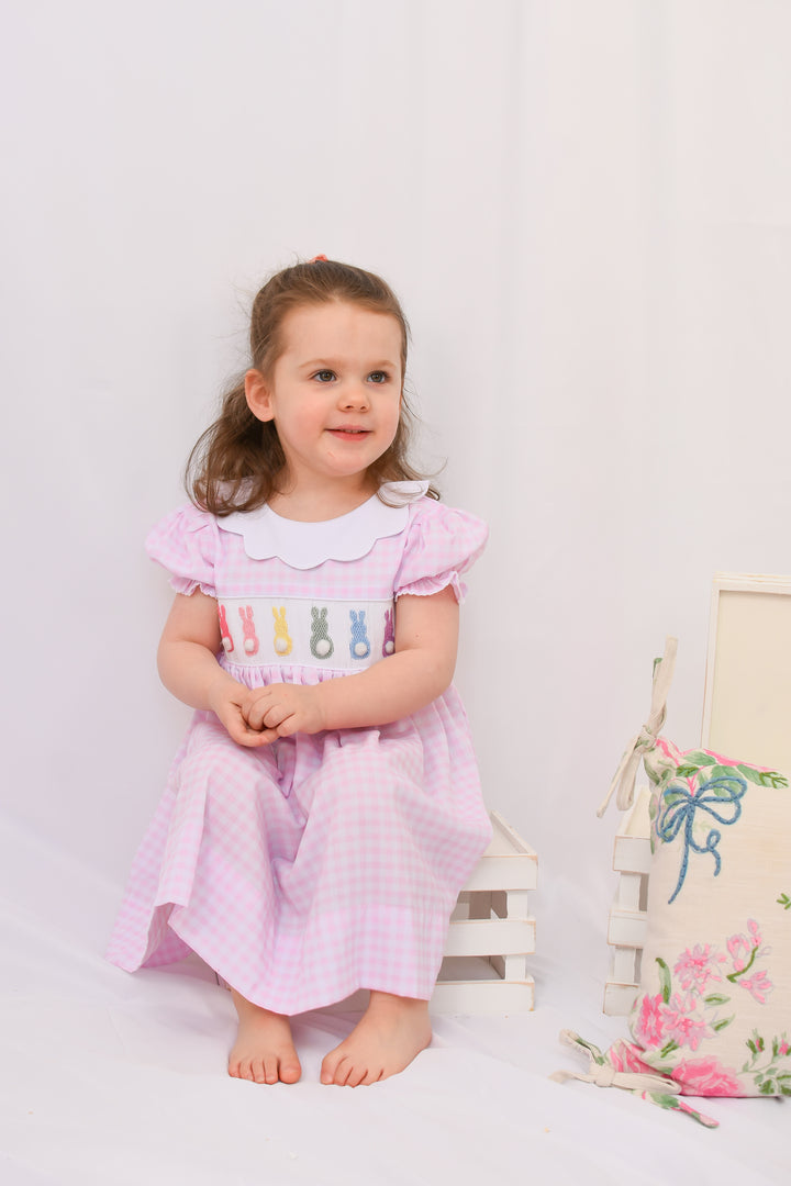 Emilie Easter Bunny Pink Gingham Smocked Dress