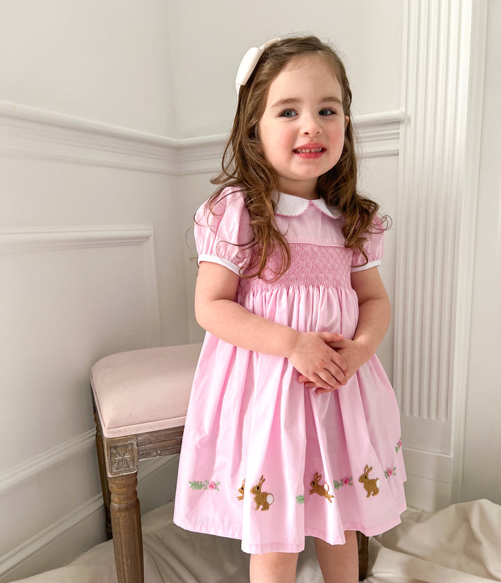 Evelyn Easter Bunny Pink Smocked Dress