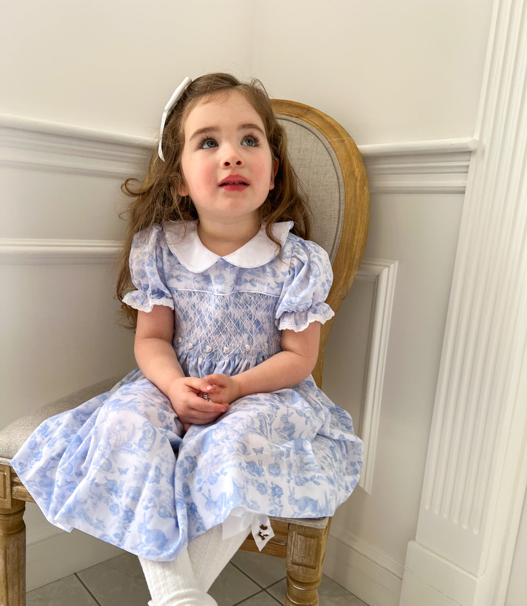 Blue Easter Bunny Toile Smocked Dress