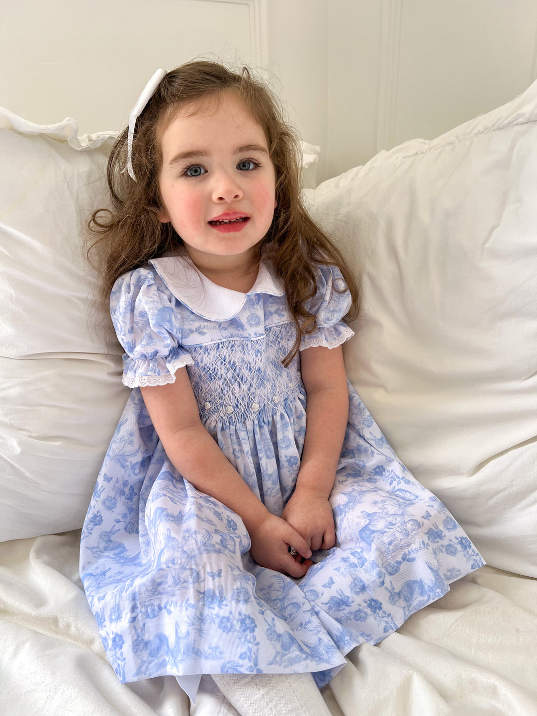 Blue Easter Bunny Toile Smocked Dress