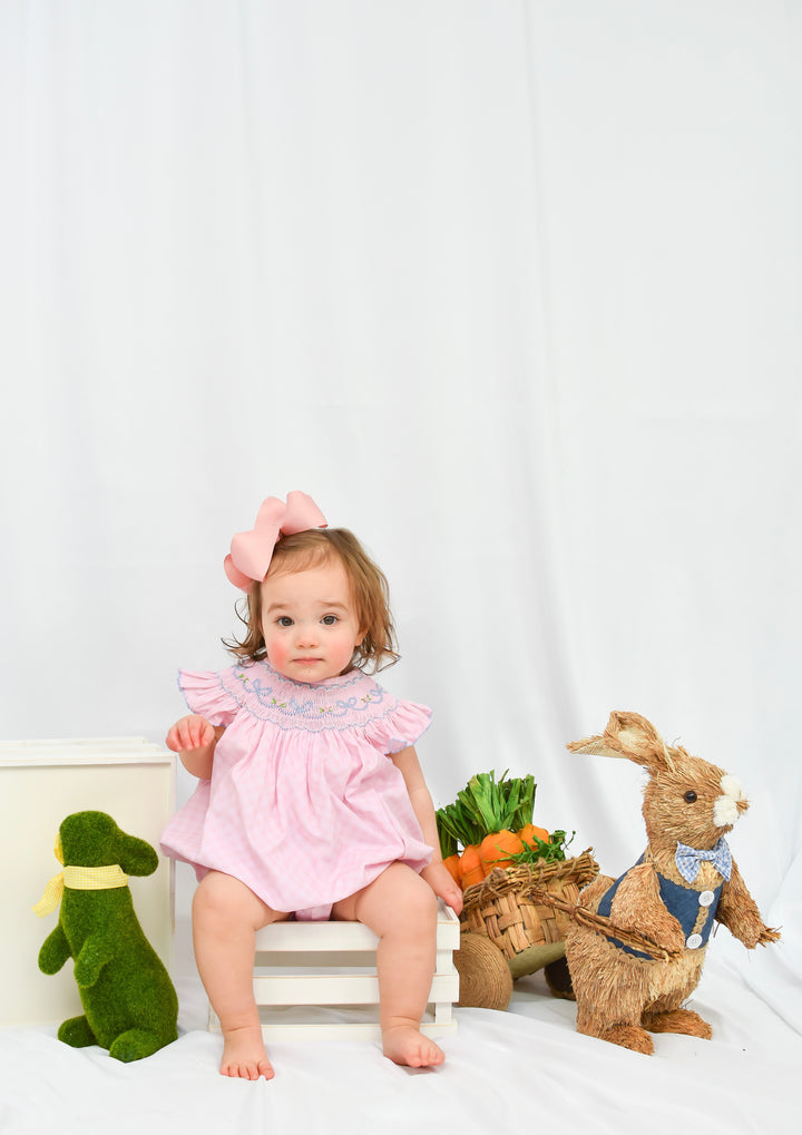 Spring Floral and Bow Pink Gingham Smocked Bubble