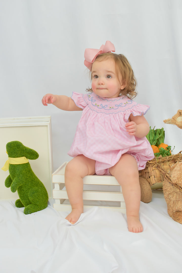 Spring Floral and Bow Pink Gingham Smocked Bubble