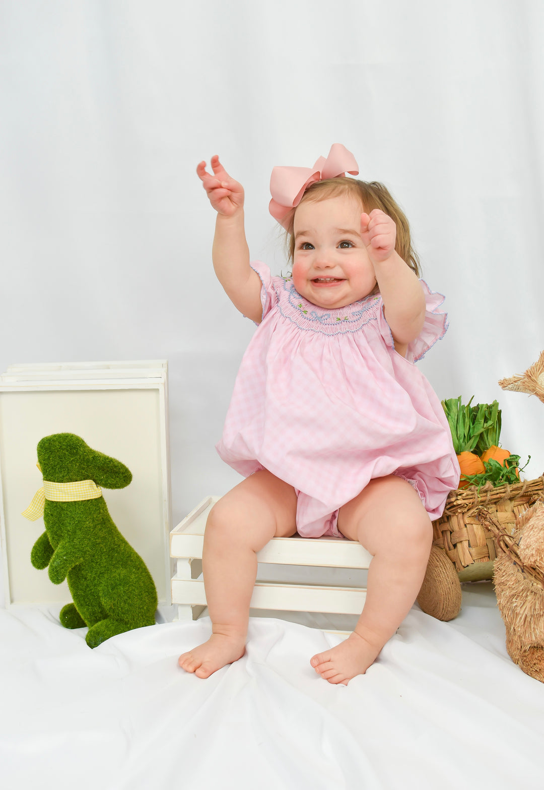 Spring Floral and Bow Pink Gingham Smocked Bubble