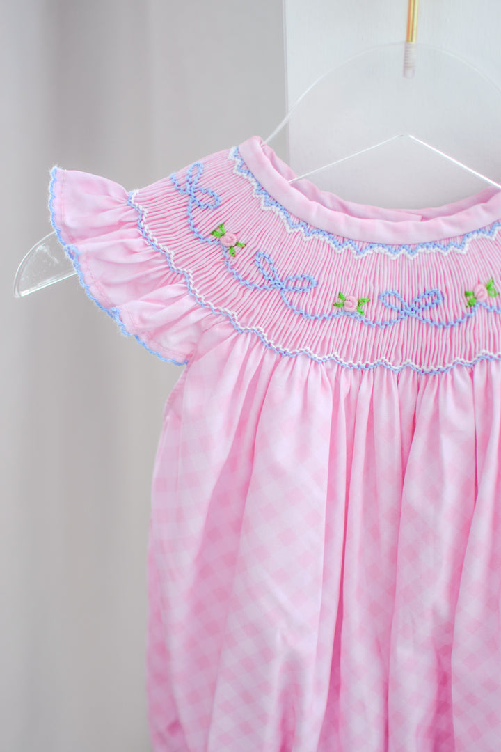 Spring Floral and Bow Pink Gingham Smocked Bubble