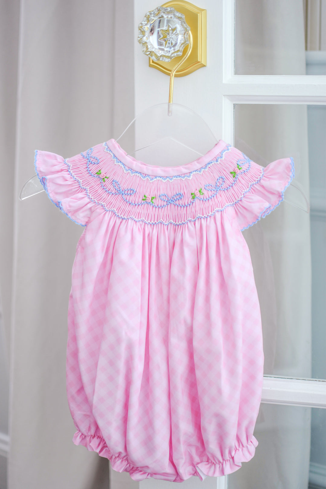 Spring Floral and Bow Pink Gingham Smocked Bubble