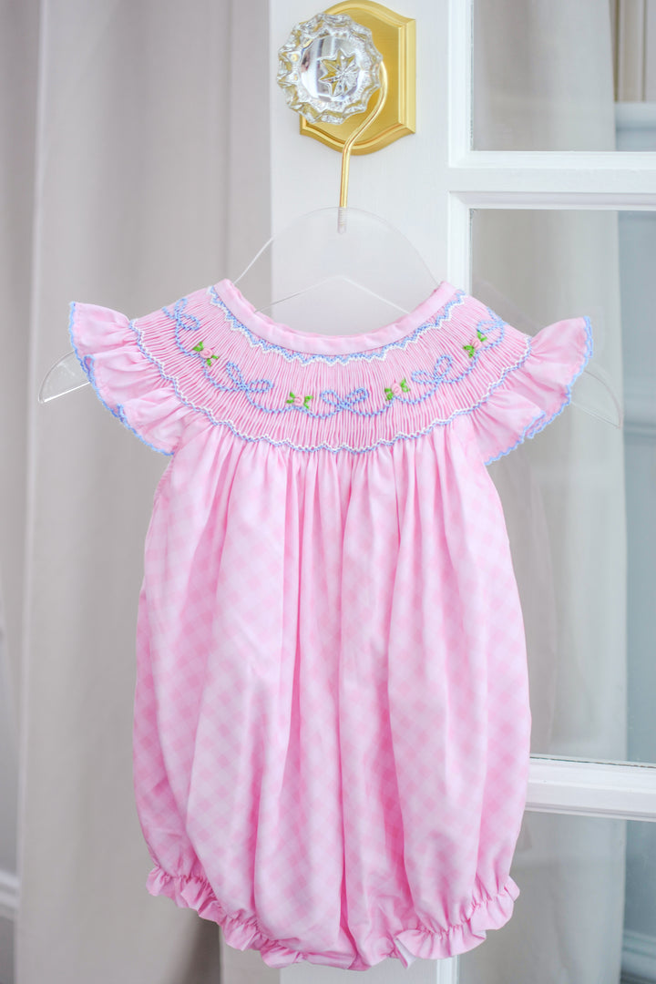 Spring Floral and Bow Pink Gingham Smocked Bubble