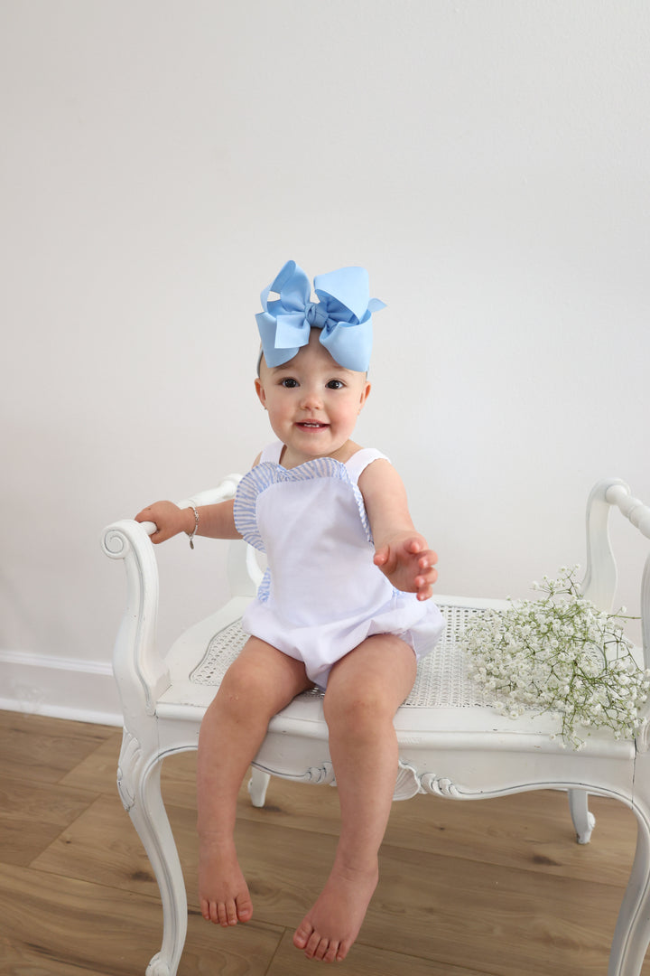 Blue Seersucker Ruffle Bubble with Bow Back