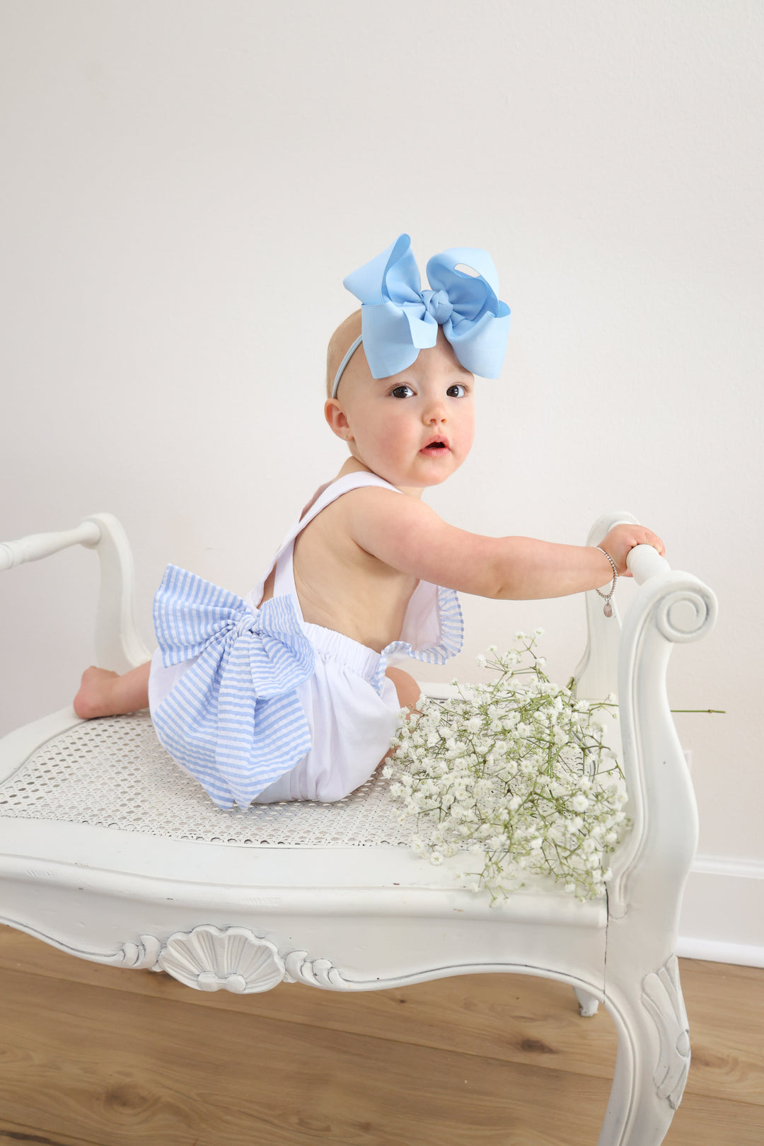 Blue Seersucker Ruffle Bubble with Bow Back