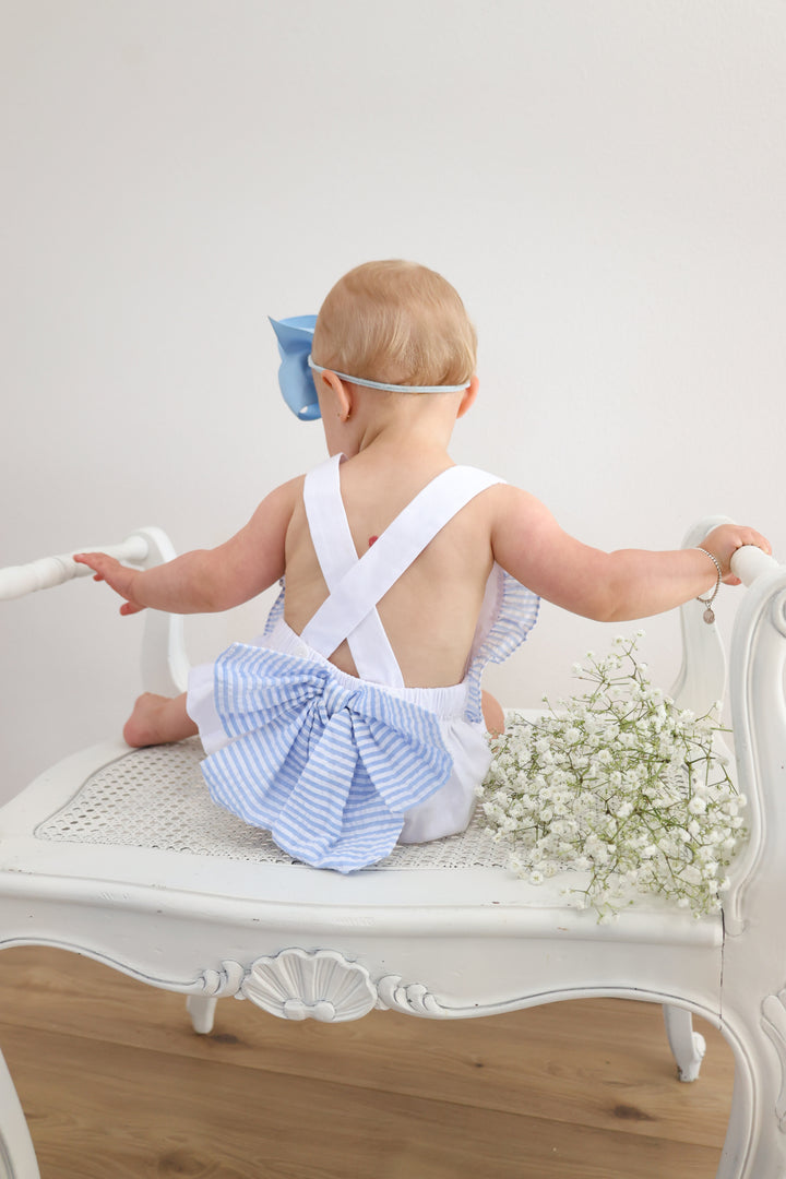 Blue Seersucker Ruffle Bubble with Bow Back