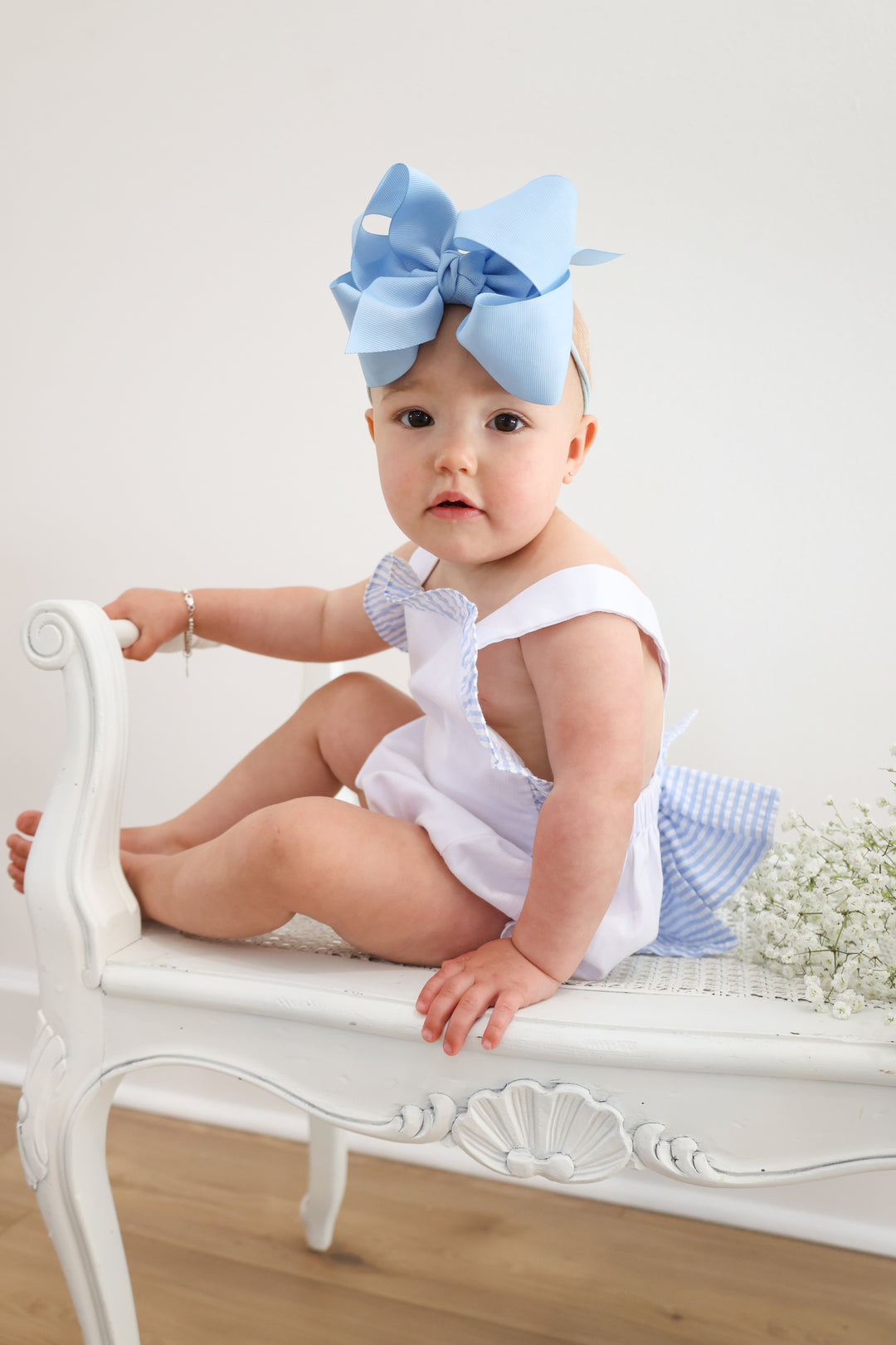 Blue Seersucker Ruffle Bubble with Bow Back