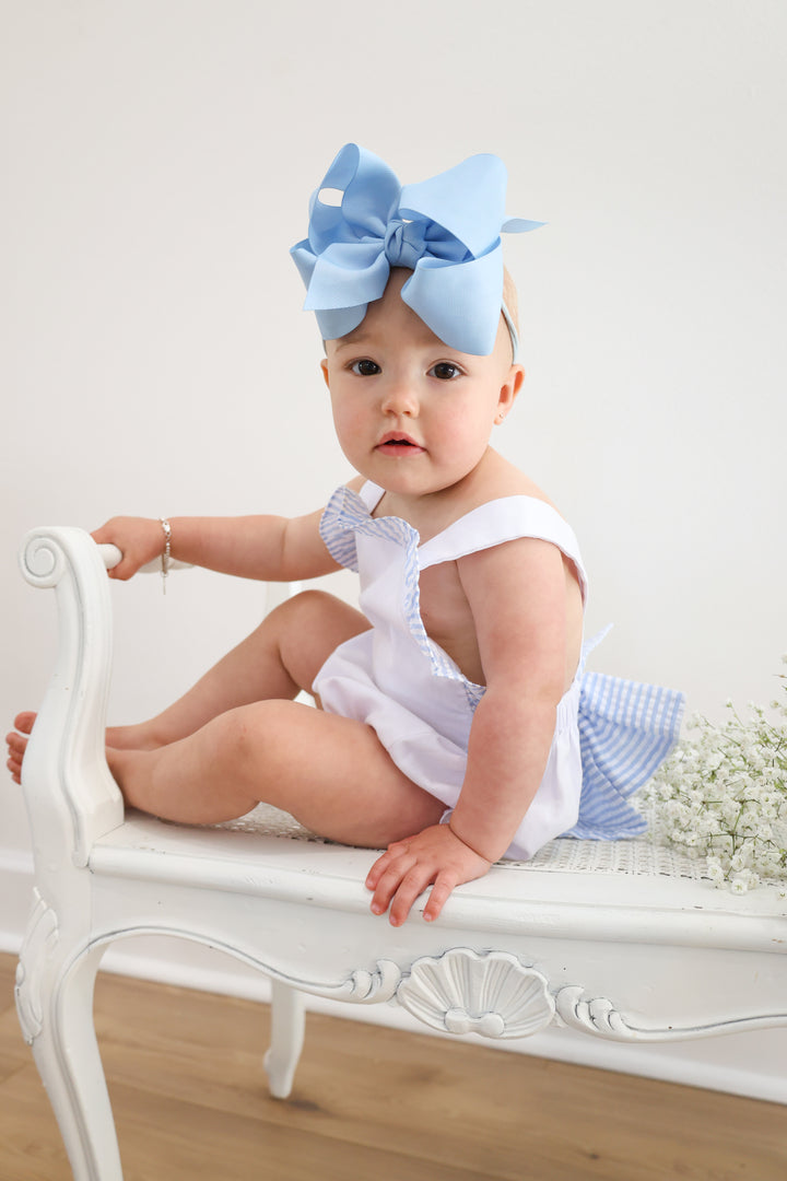 Blue Seersucker Ruffle Bubble with Bow Back